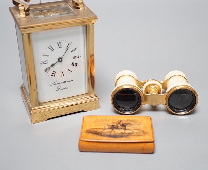 A Mauchline ware snuff box, cased Ivory opera glasses and a brass cased carriage timepiece